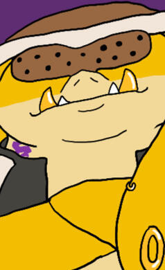 An image of a yellow seeq, adorned with jewelry and eyes covered with a mask. He is folding his arms and smiling softly at the camera. His Archon mark is barely visible under his shirt collar.