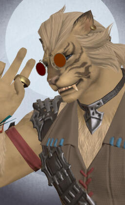 An image depicting a sandy blonde-colored hrothgar with oasis-blue eyes smiling and giving a two-finger salute.