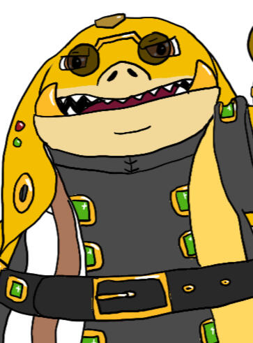 An image of a yellow seeq, adorned with jewelry and eyes covered with a mask. He is folding his arms and smiling softly at the camera. His Archon mark is barely visible behind his shirt collar.