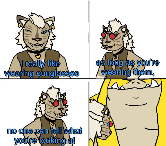 Rahim in a 4-panel comic, expressing "I really like wearing sunglasses. As long as you're wearing them, no one can tell what you're looking at." In the fourth panel, they're completely silent while staring at Sagil's tits, who is blushing but in good humor
