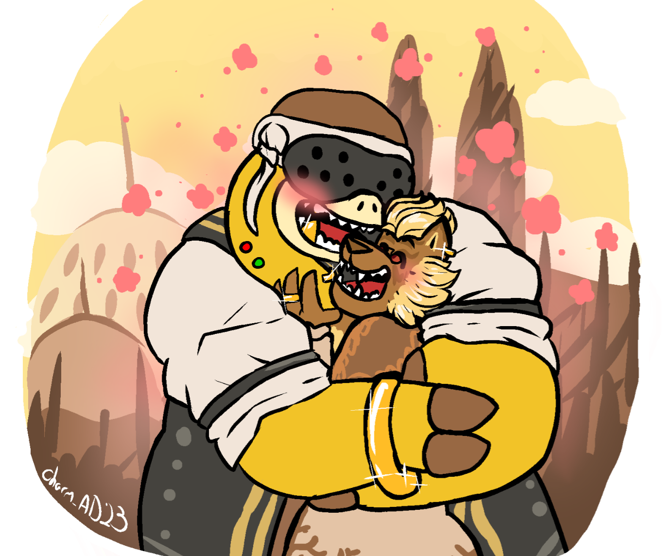 A commission from @charmcharm.bsky.social (18+ warning) showing the two happily embracing in front of an Ul'dahn skylline.