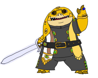 A yellow seeq with a sword made of pure energy. Where once he wore a turban and a mask covering his face, he wears a black-tinted pair of pince-nez and allows his head to go unadorned. He is wearing a far more classy black merchant's attire.
